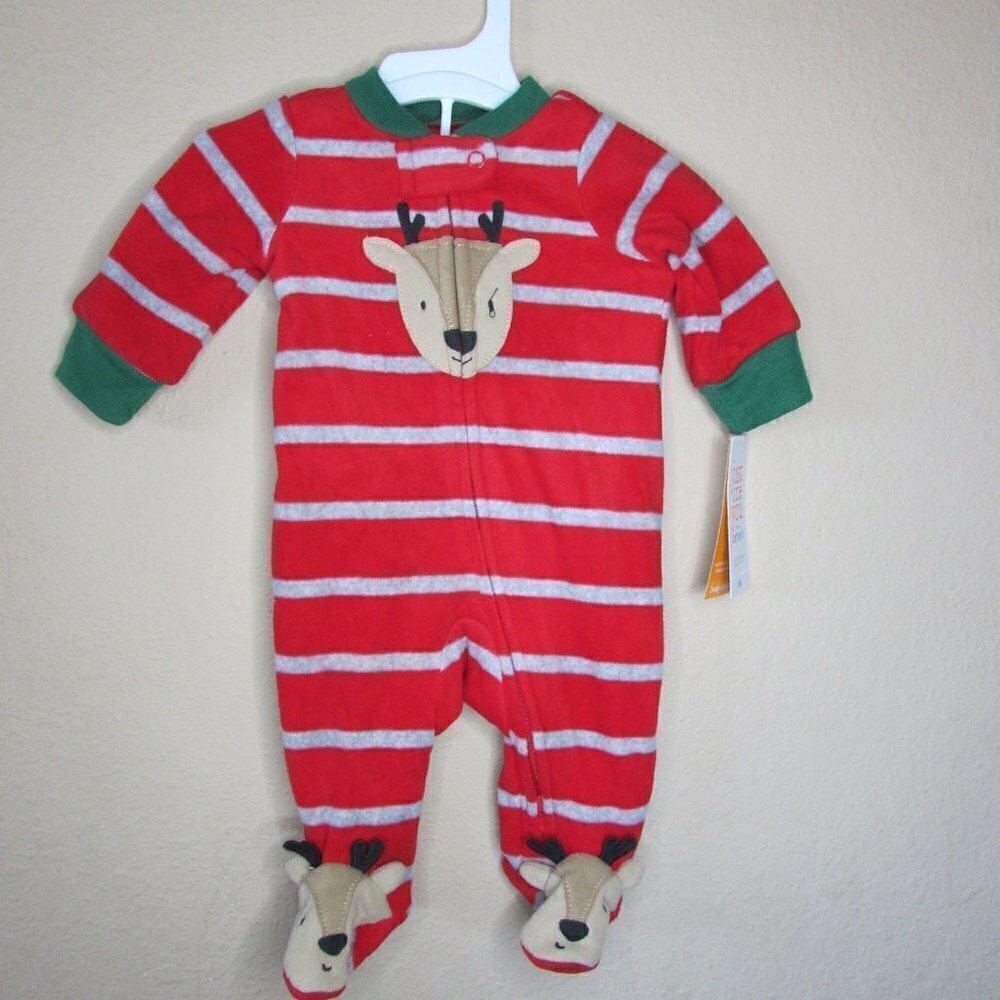 NWT Just One You by Carter's NB Fleece Reindeer Striped Footed Pajama PJ Christm